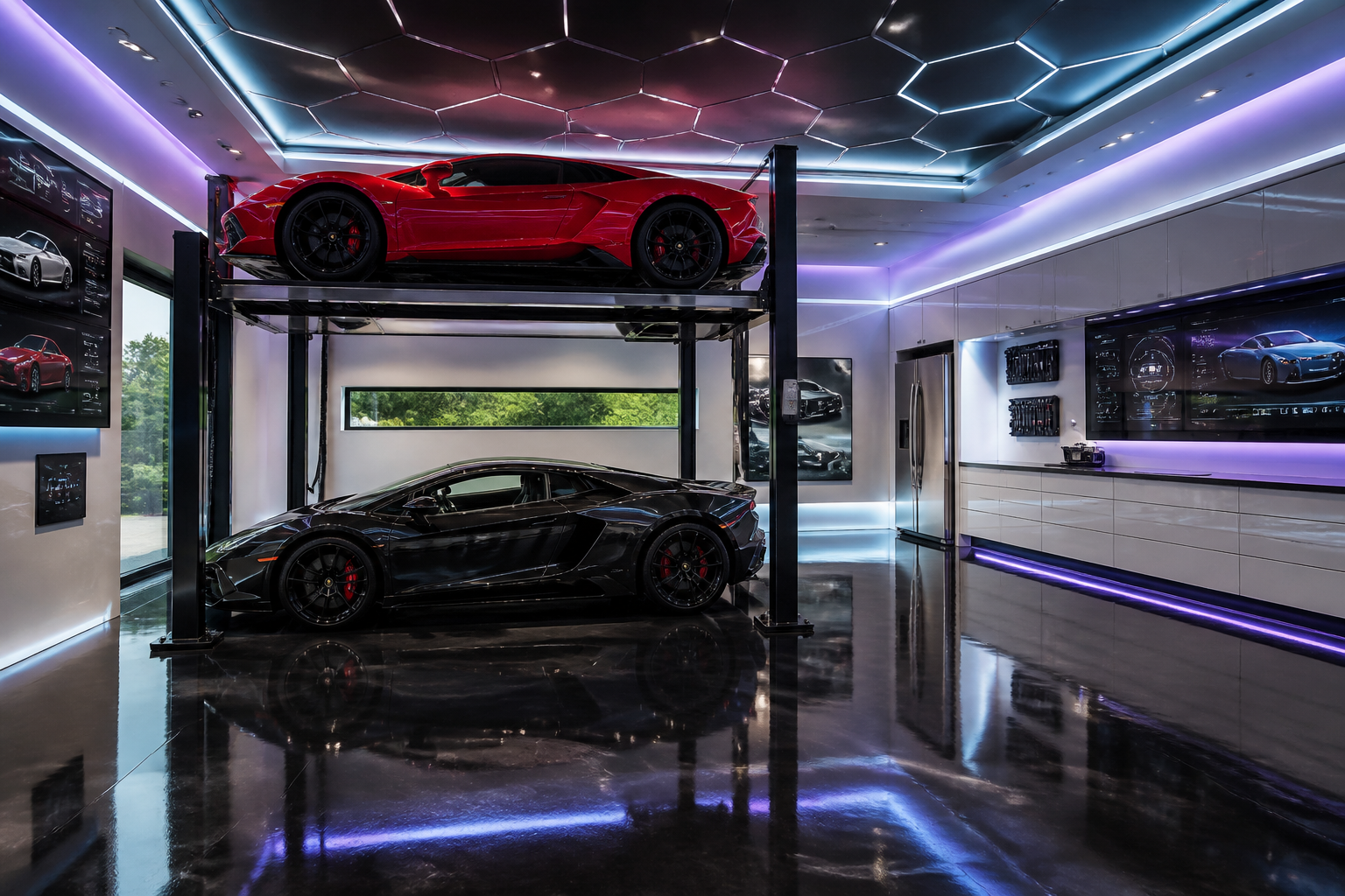 High-tech garage with stacked cars on hydraulic lifts and RGB LED lighting system