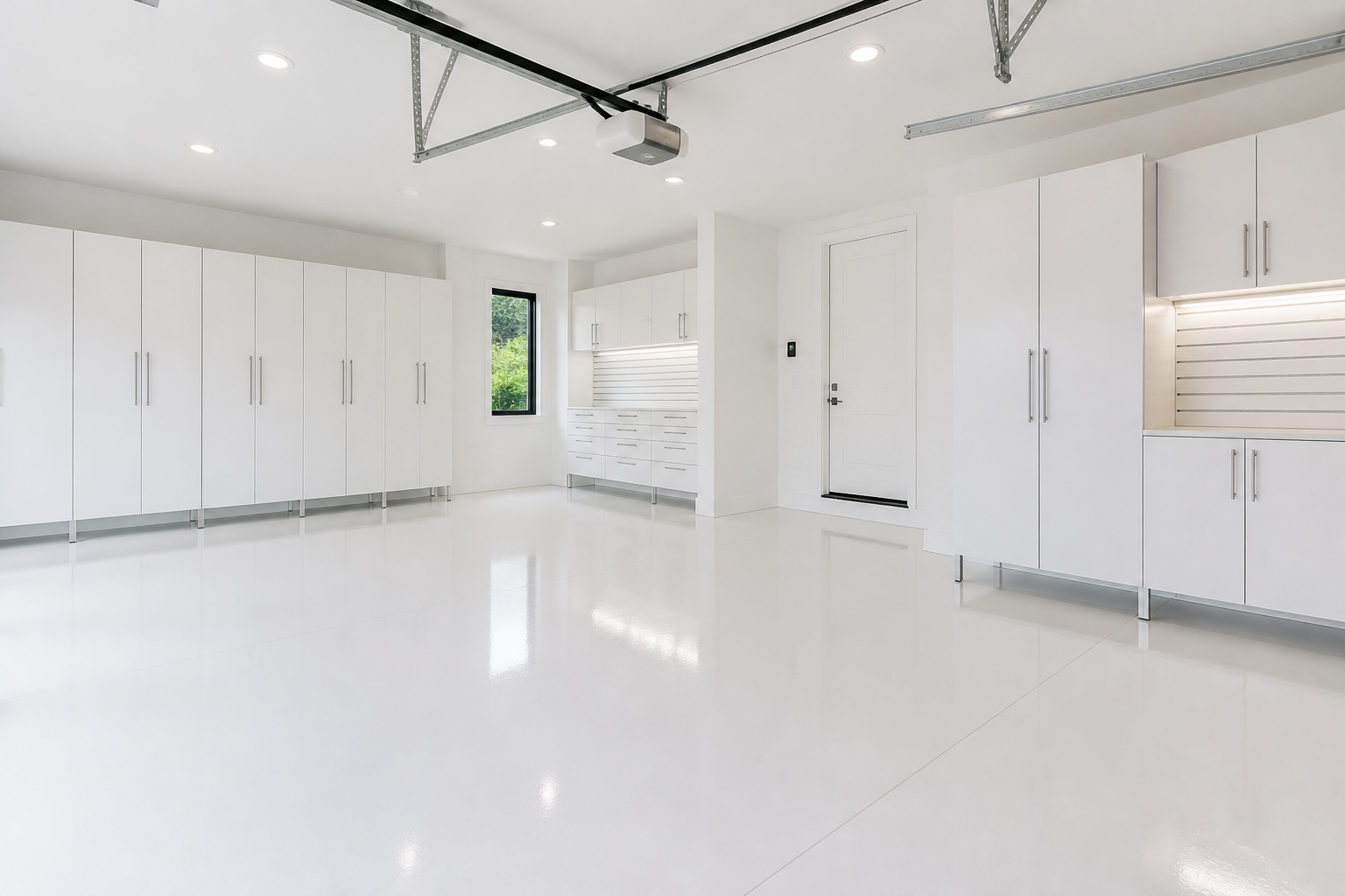 All-white minimalist garage with white floors, walls, and storage cabinets