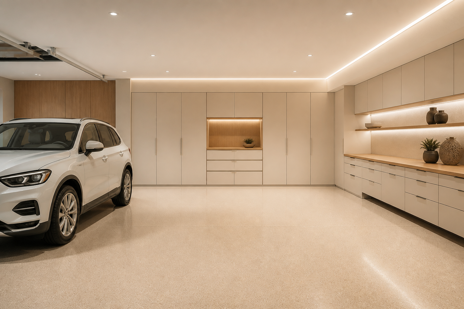 Warm neutral minimalist garage with cream walls and beige flooring
