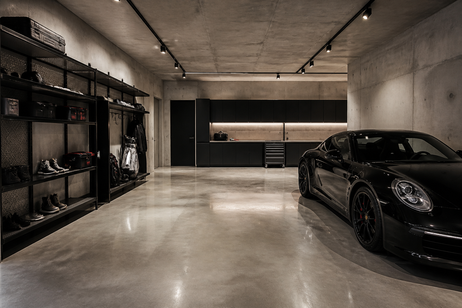 Industrial minimalist garage with exposed concrete walls and polished floor