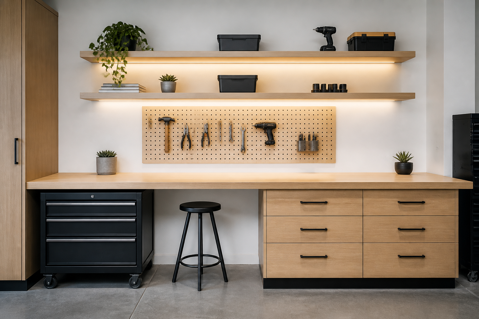 Floating wooden shelves above minimalist garage workbench with pegboard and essential tools