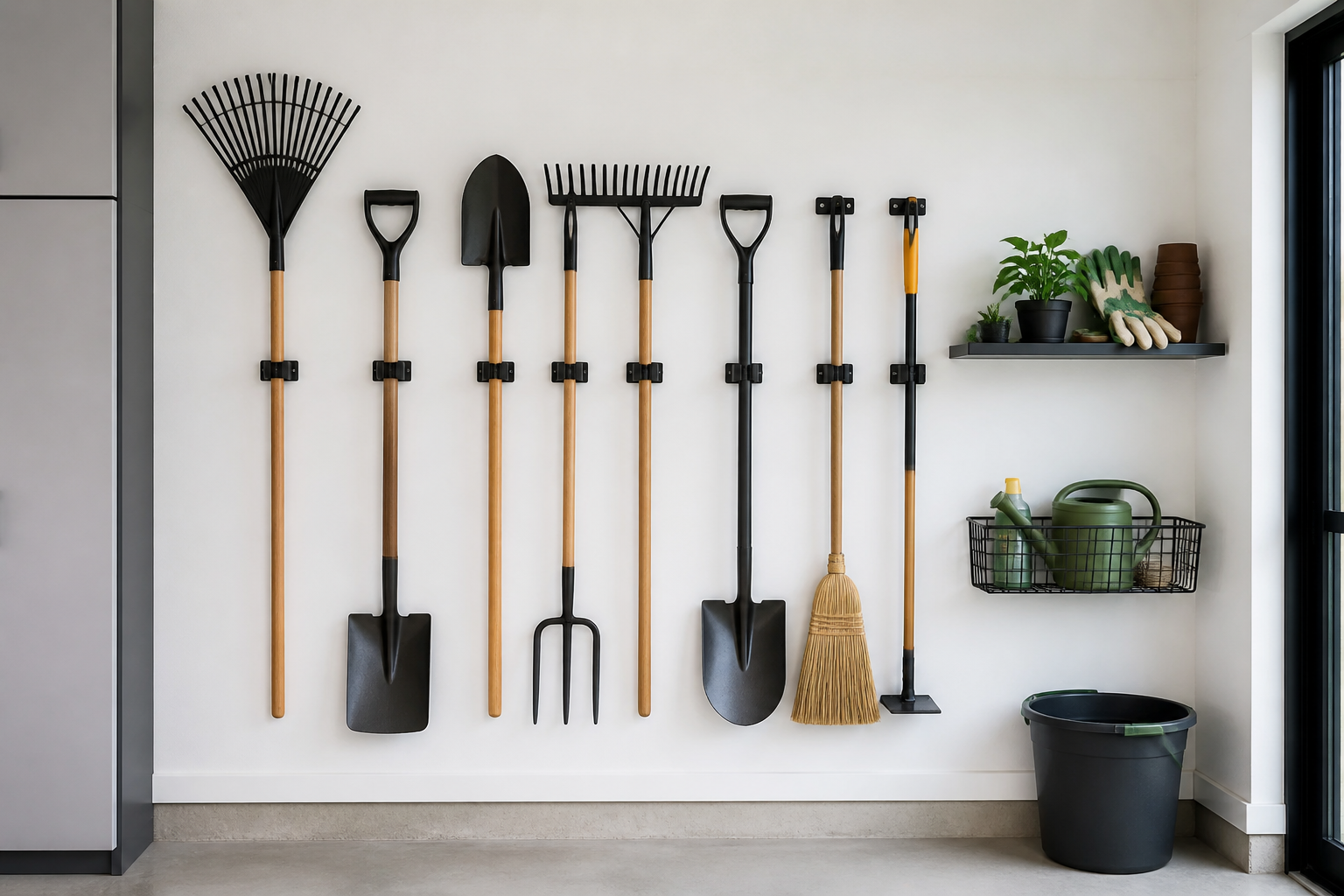 Long-handled garden tools mounted on wall clips in organized minimalist garage