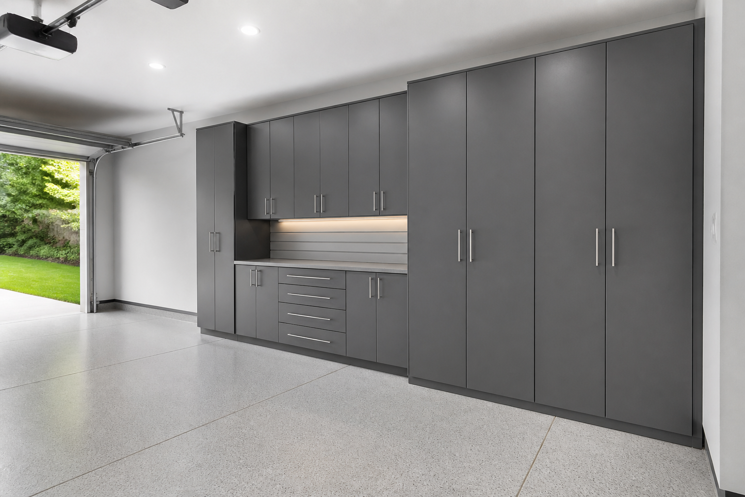 Gray metal storage cabinets with closed doors in minimalist garage design