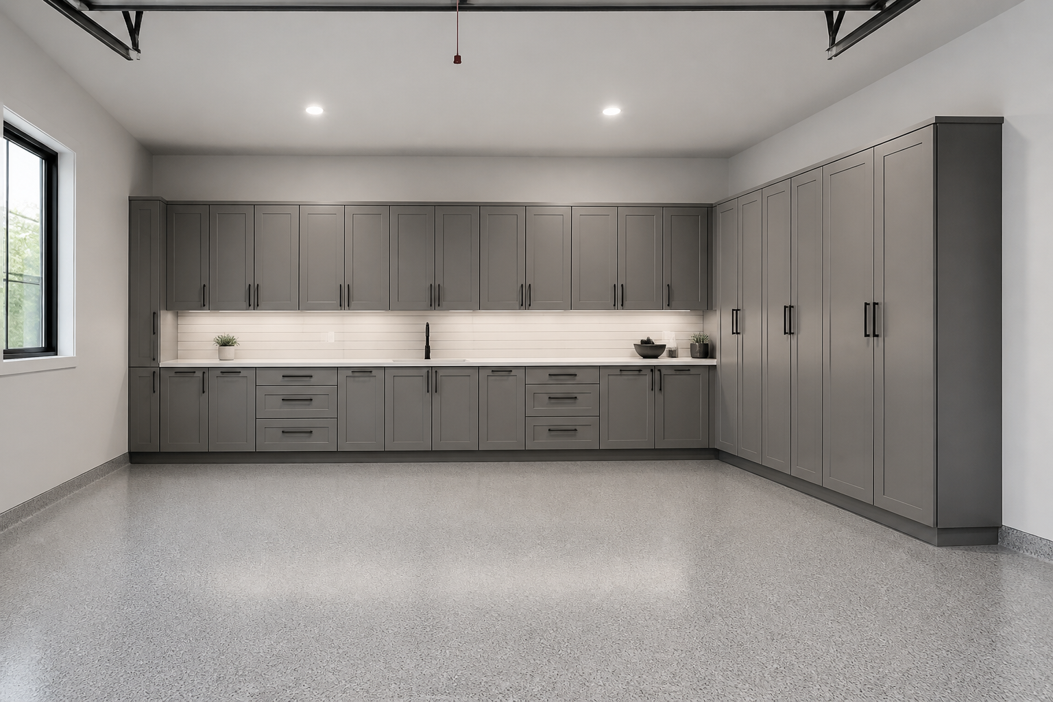 L-shaped storage configuration in minimalist garage with open floor space