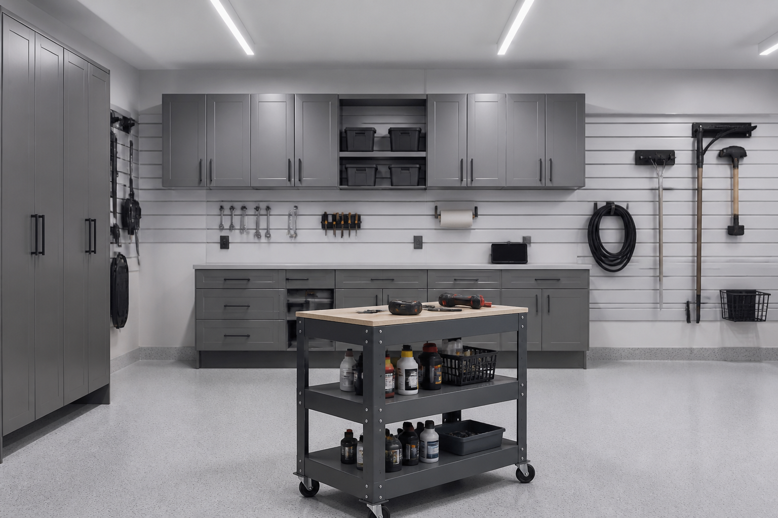 Minimalist garage layout featuring mobile storage cart for flexible workspace