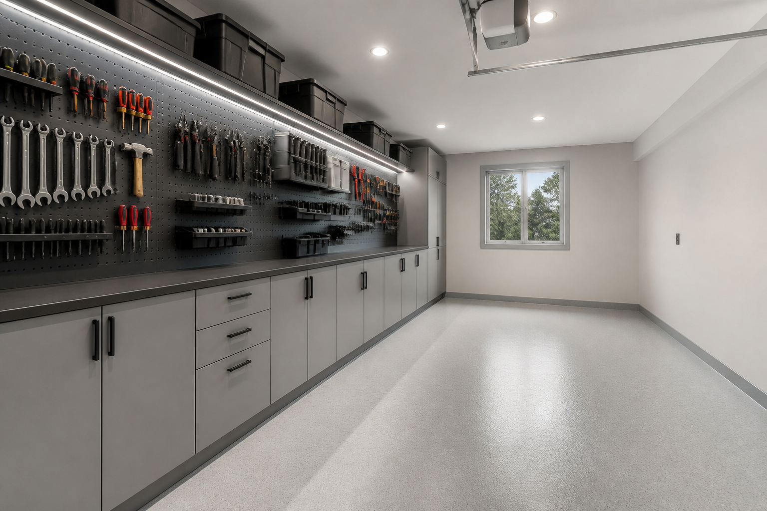 One-wall storage system in simple minimalist single-car garage layout