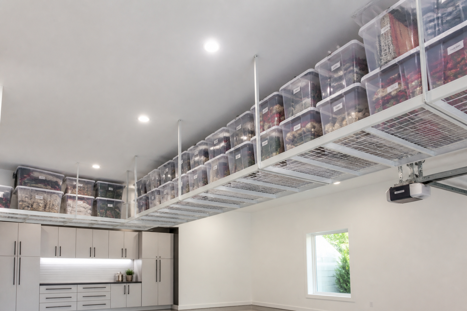 Overhead ceiling storage racks with labeled clear bins in minimalist garage