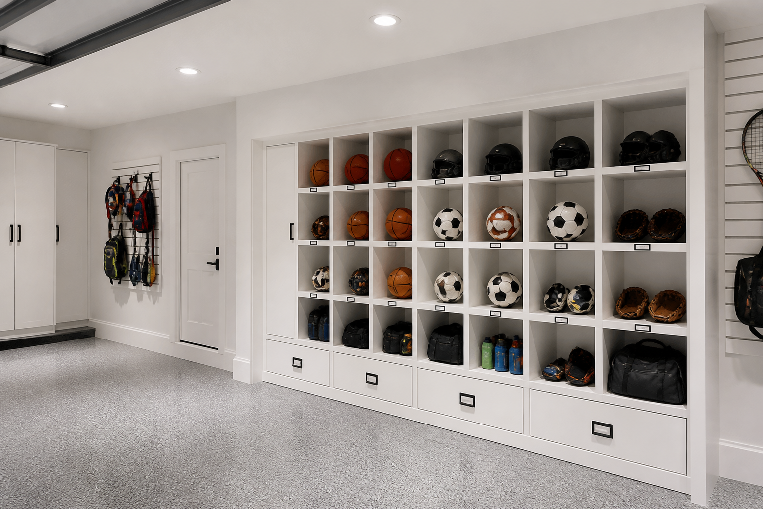Custom white cubby storage system organizing sports equipment in minimalist garage