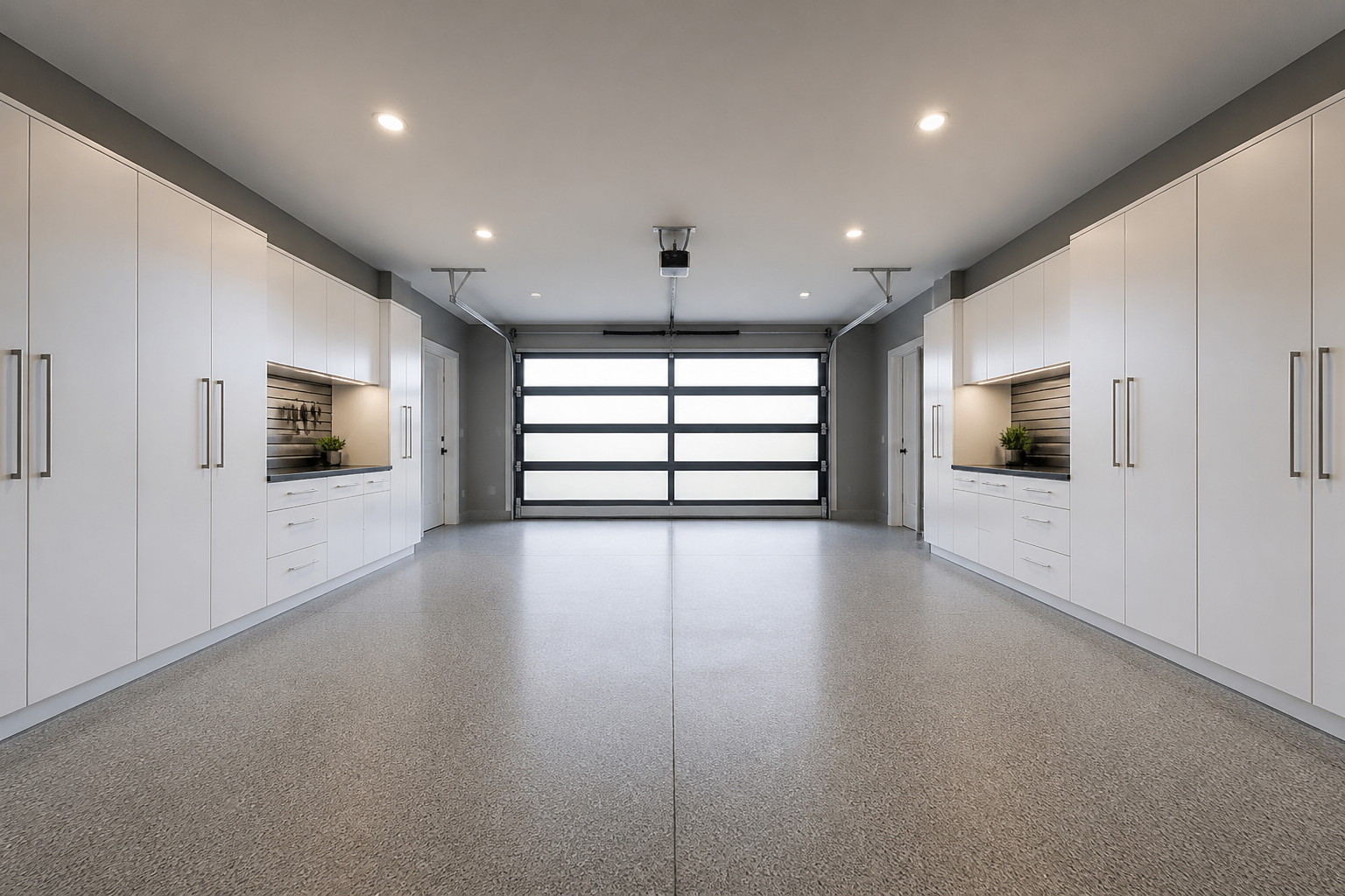 Symmetrical garage layout with matching storage cabinets on both sides
