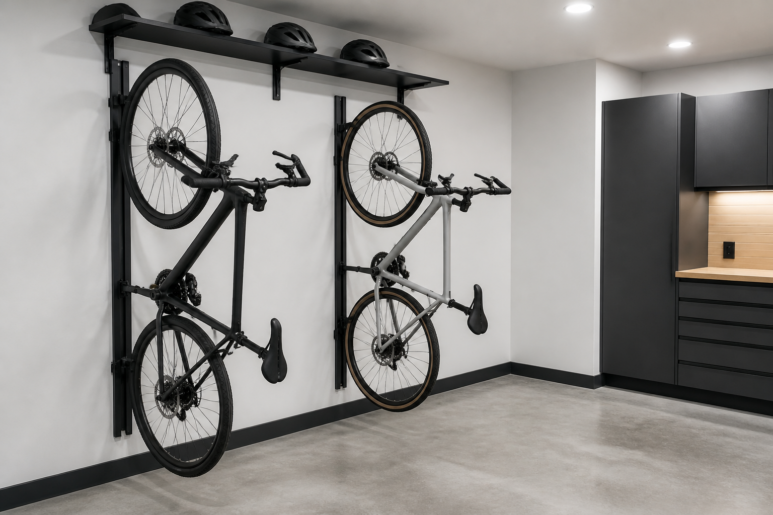 Vertical wall-mounted bike storage system in clean minimalist garage corner