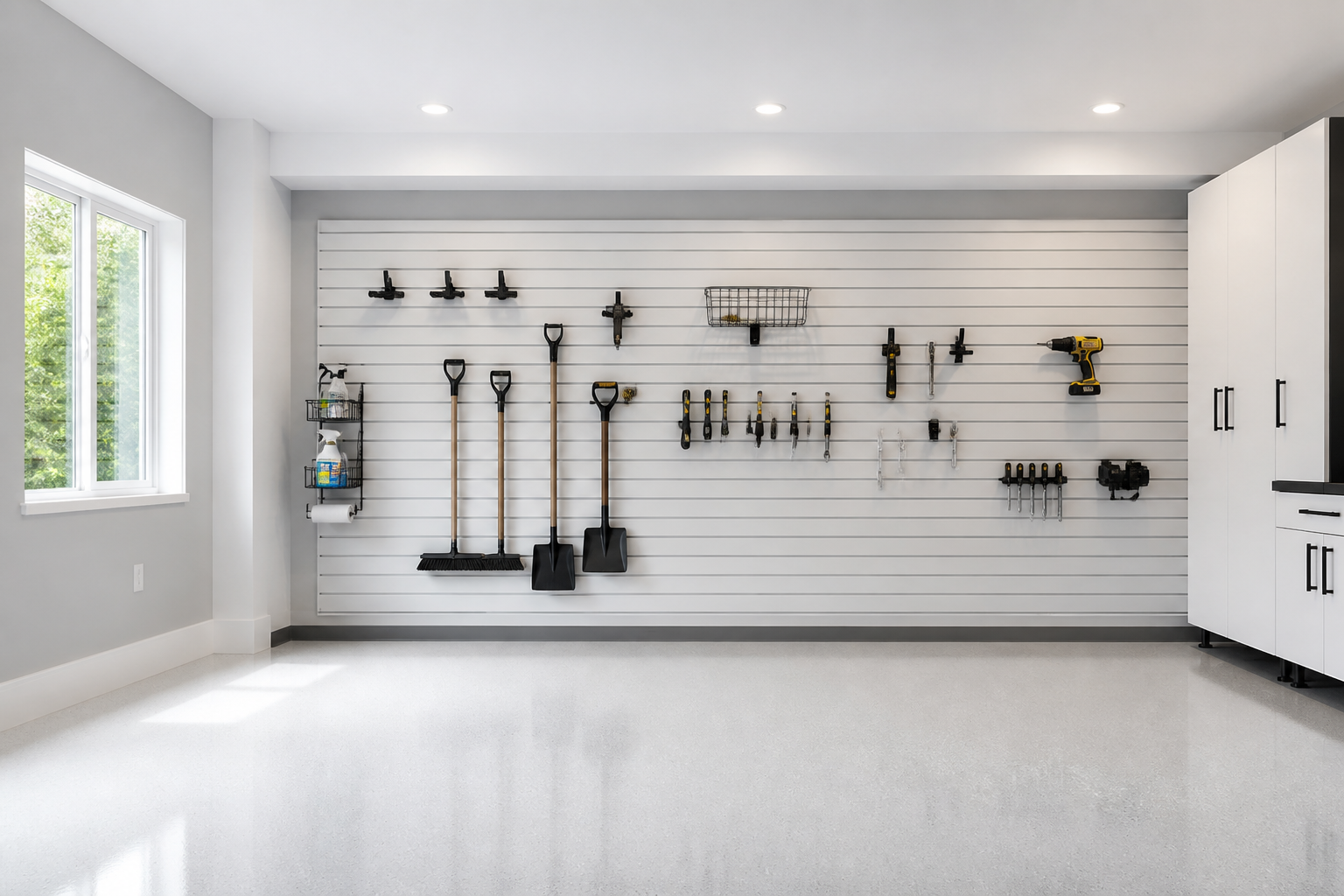 Minimalist garage with white slatwall storage panels and organized black tool hooks