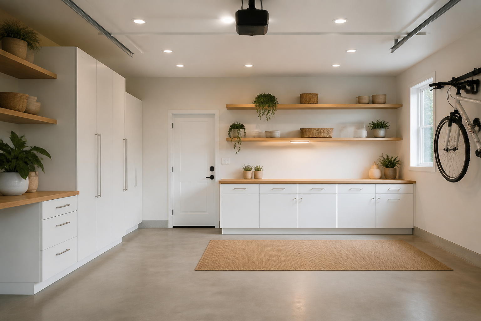 Minimalist garage combining natural wood shelving with white walls and cabinets