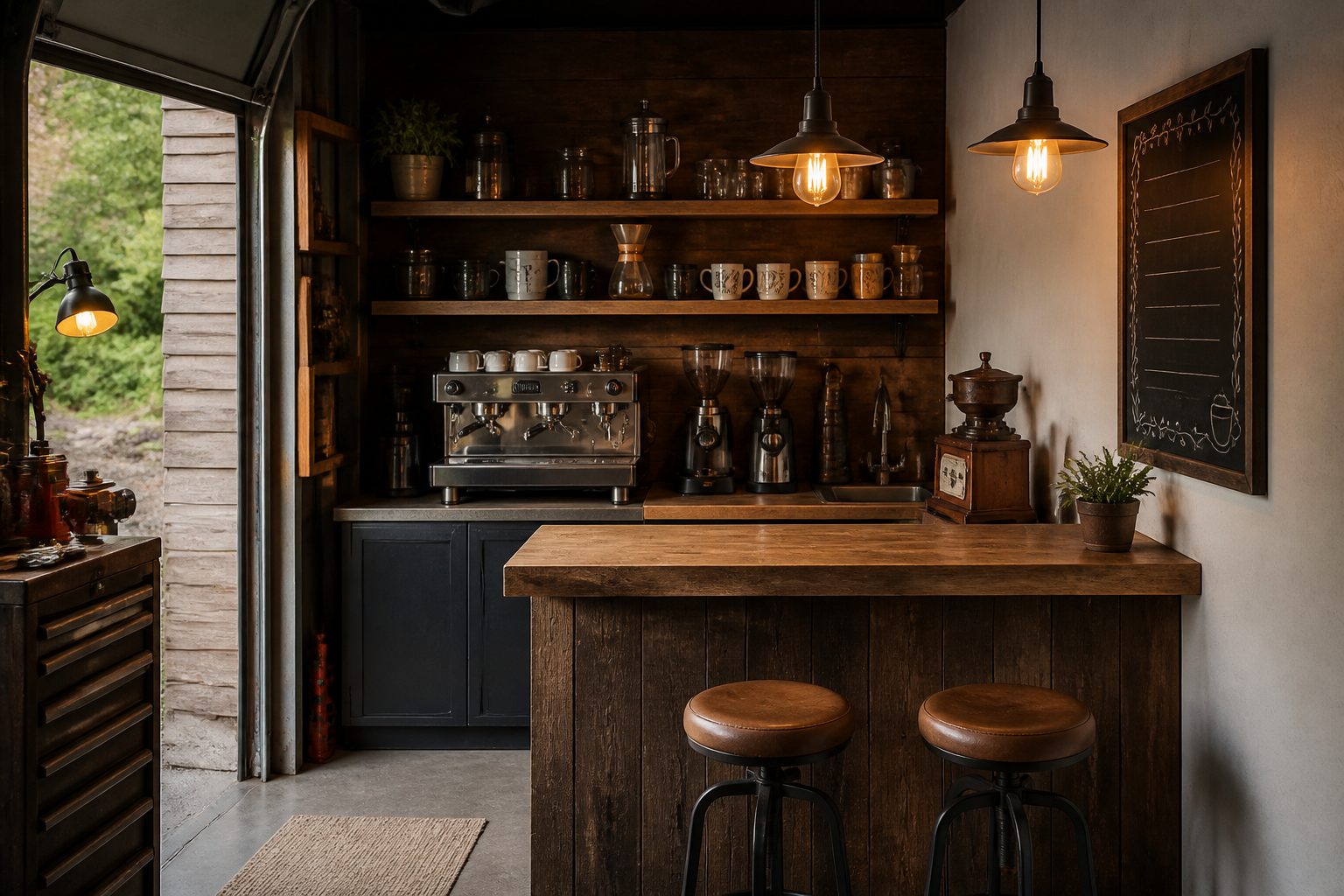 Cozy garage coffee bar nook with wooden shelving, espresso machine, and cafe-style seating