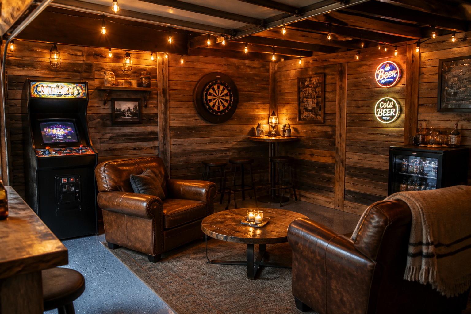 Cozy garage game room with arcade machine, dartboard, and comfortable seating area
