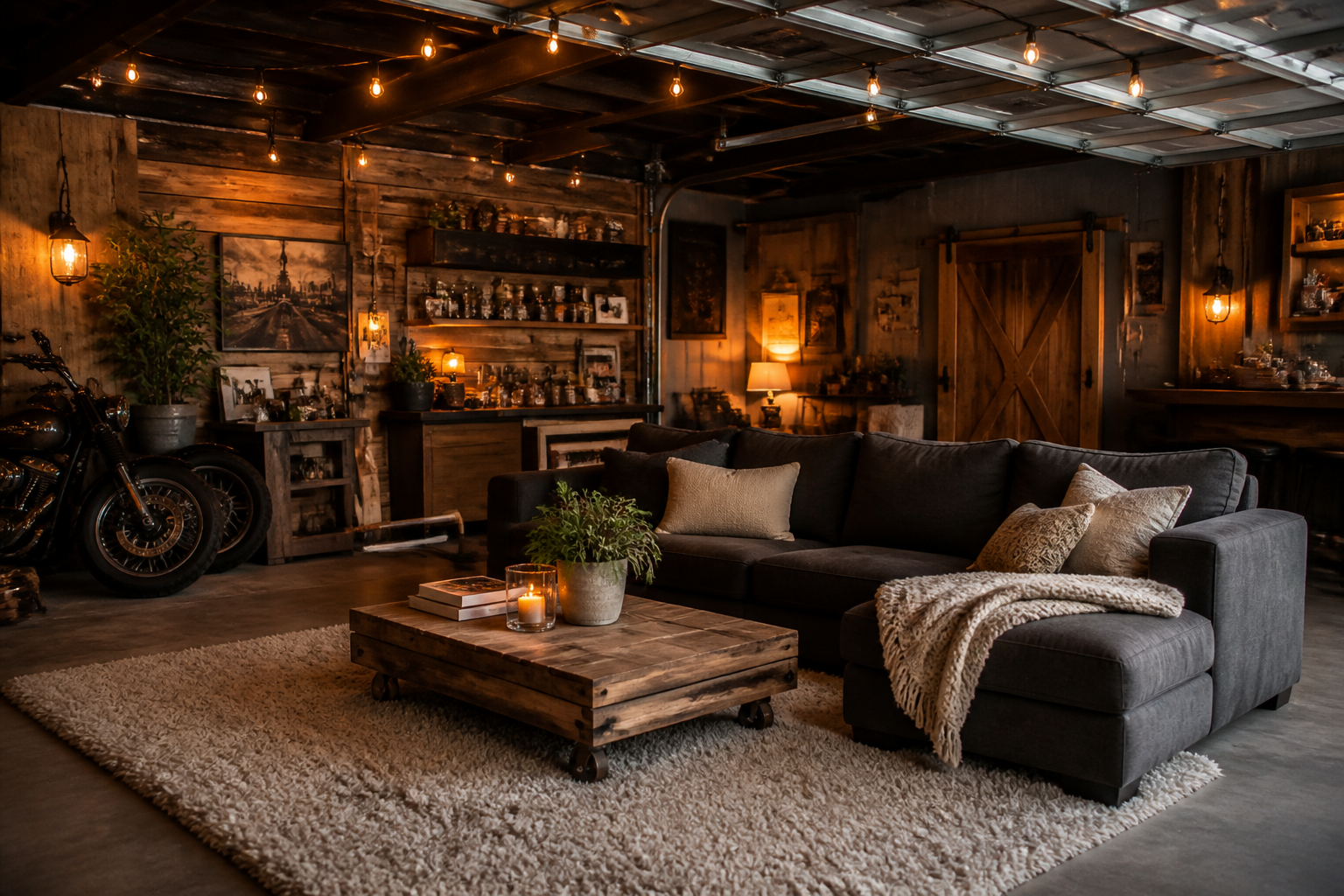 Cozy garage retreat with plush sectional sofa, area rug, and warm ambient string lighting