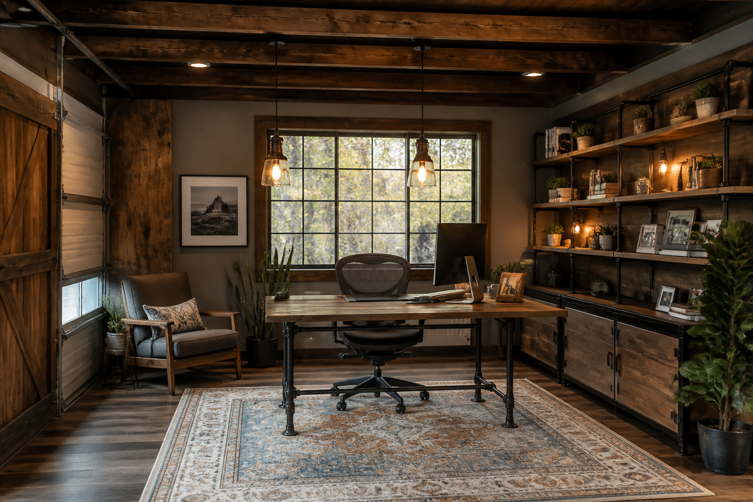 Cozy garage home office with rustic wooden desk and natural light from large window