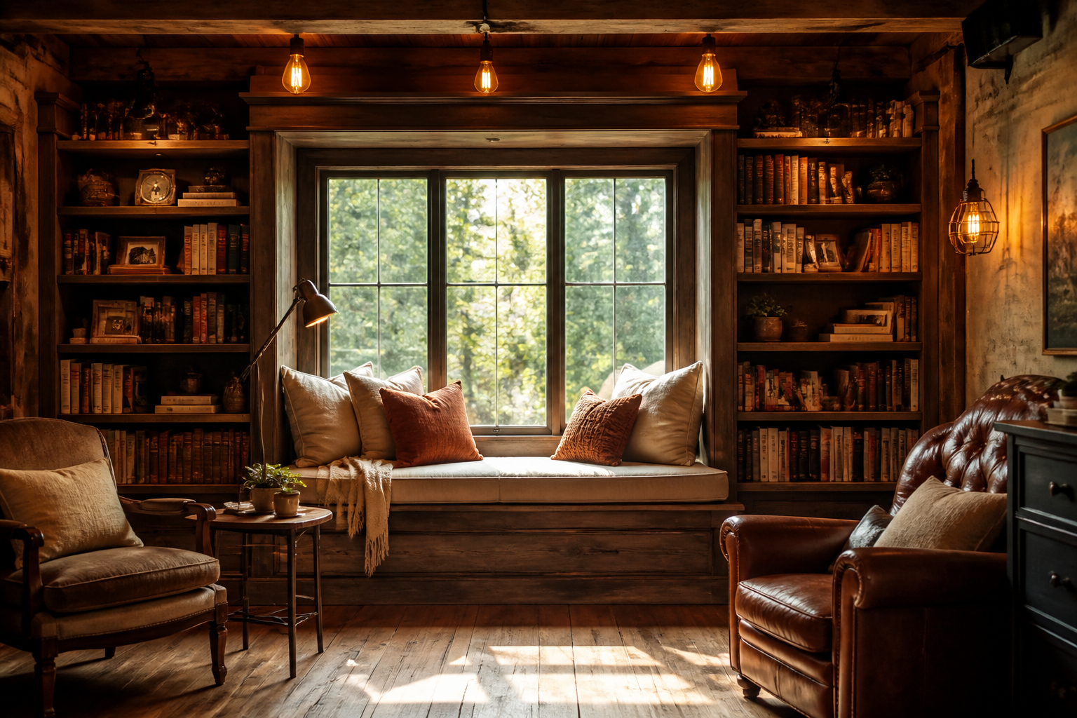 Rustic garage reading nook with cushioned window seat and floor-to-ceiling bookshelves