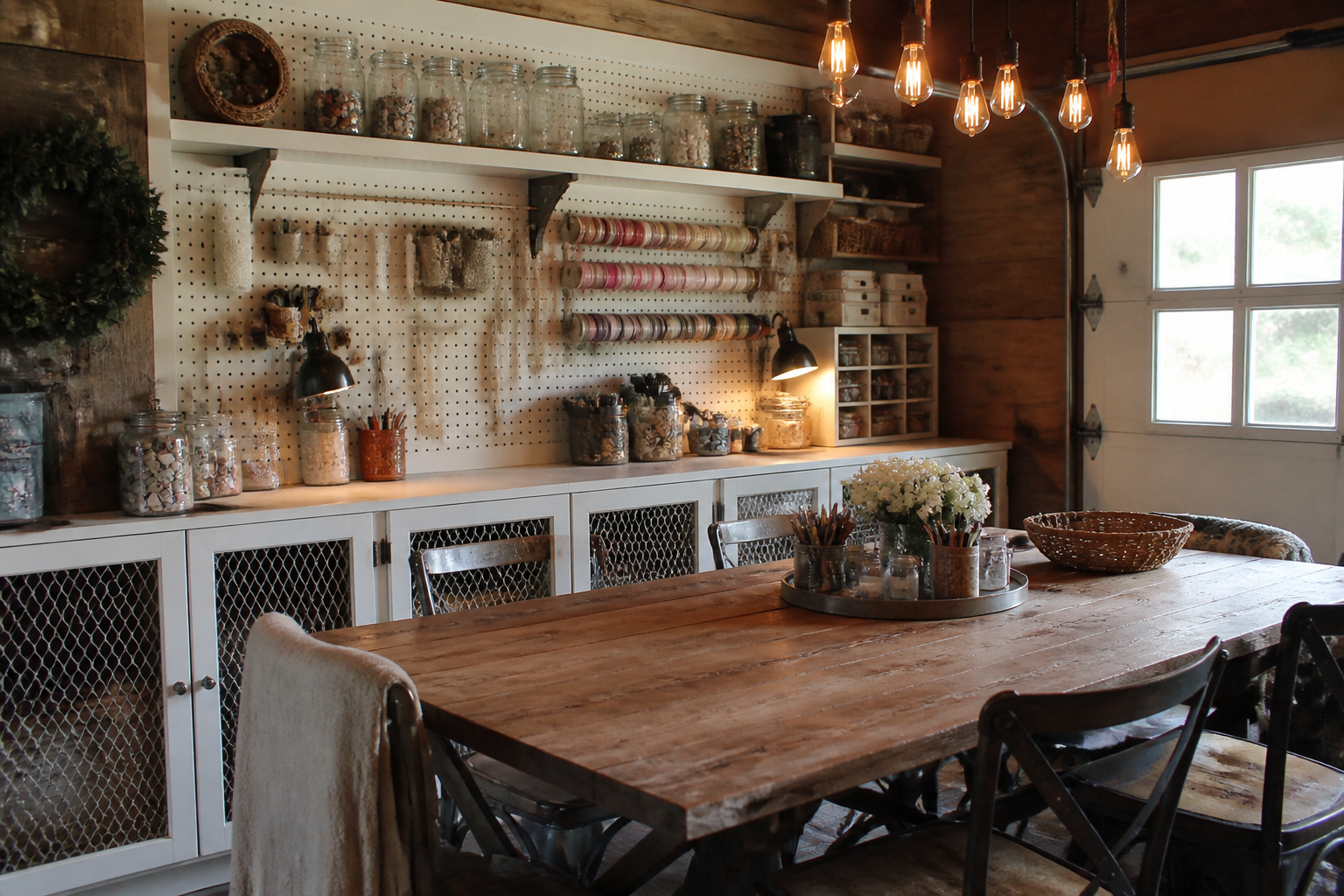 Farmhouse garage craft room with large work table and white pegboard storage wall