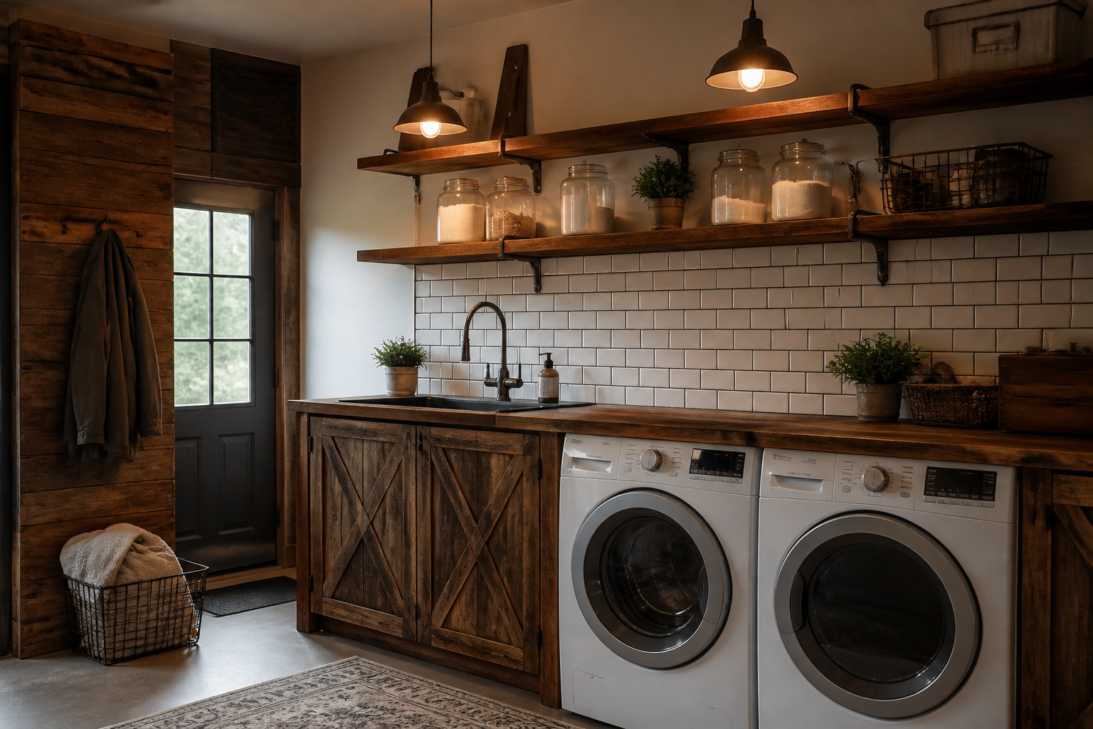 Farmhouse garage laundry room with white appliances, wooden folding counter, and subway tile backsplash
