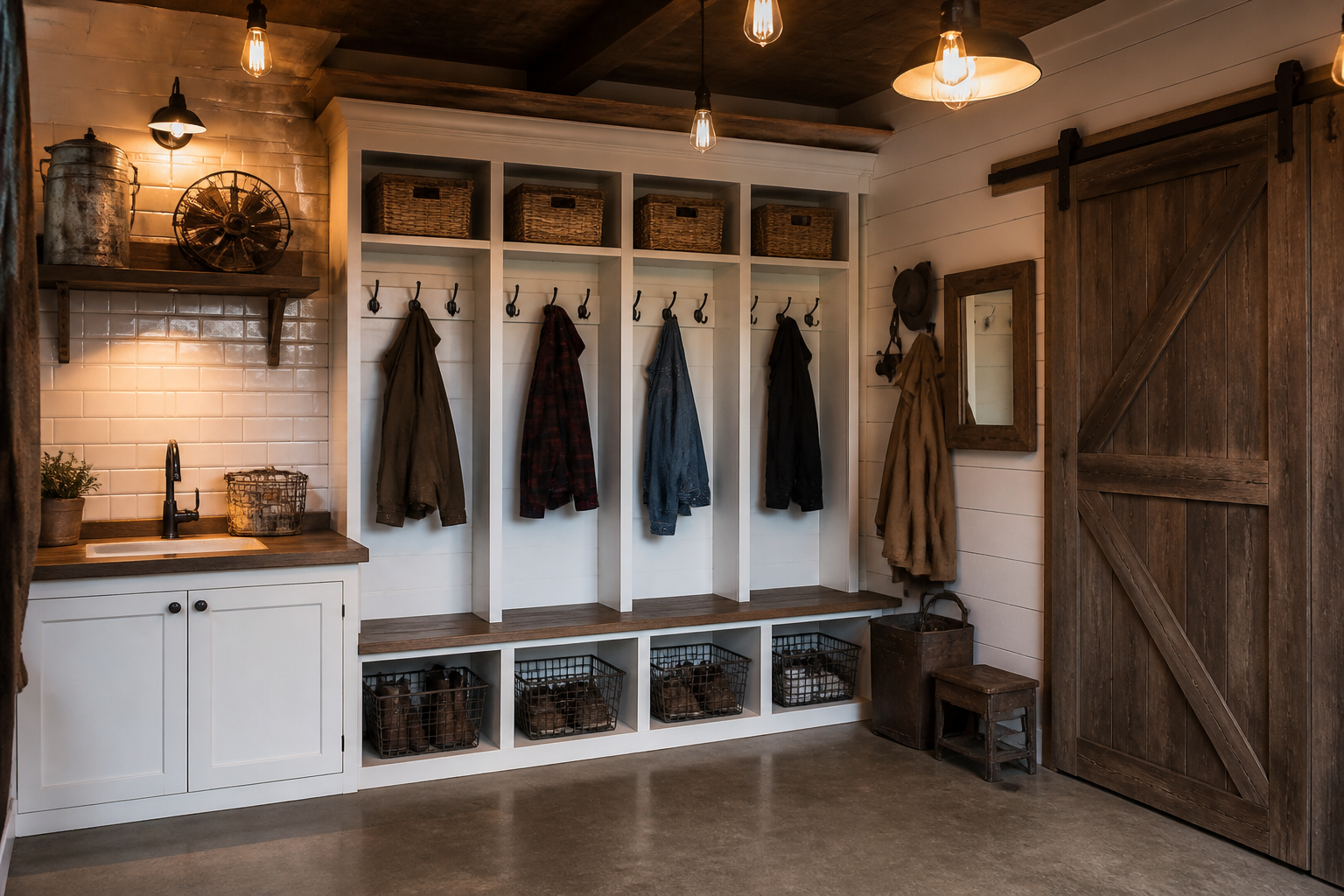 Farmhouse garage mudroom with white painted cubbies, bench seating, and coat hooks