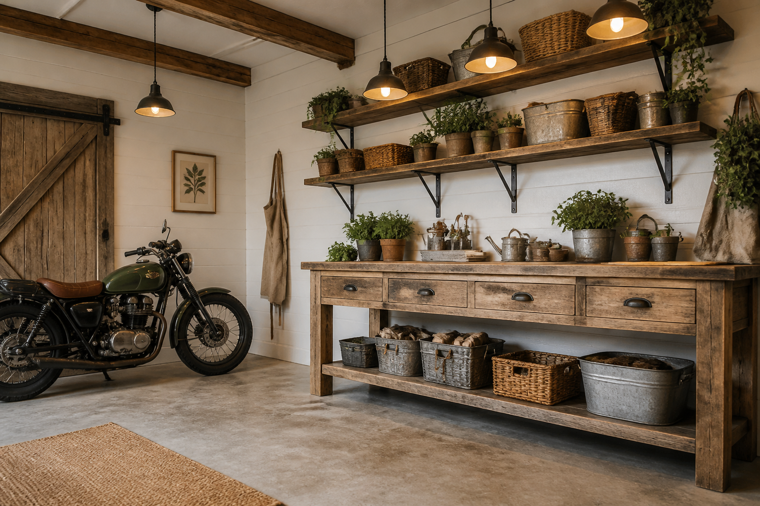 White farmhouse garage with shiplap walls, open wooden shelving, and organized storage baskets