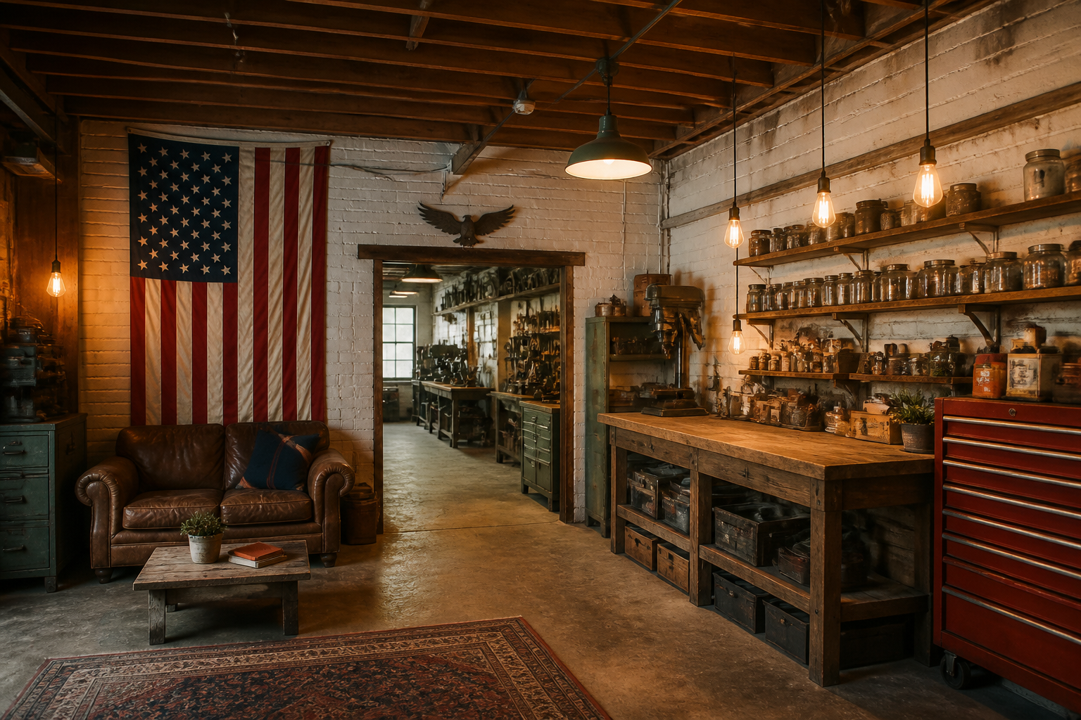 Farmhouse garage workshop with white painted brick walls and vintage red tool cabinet