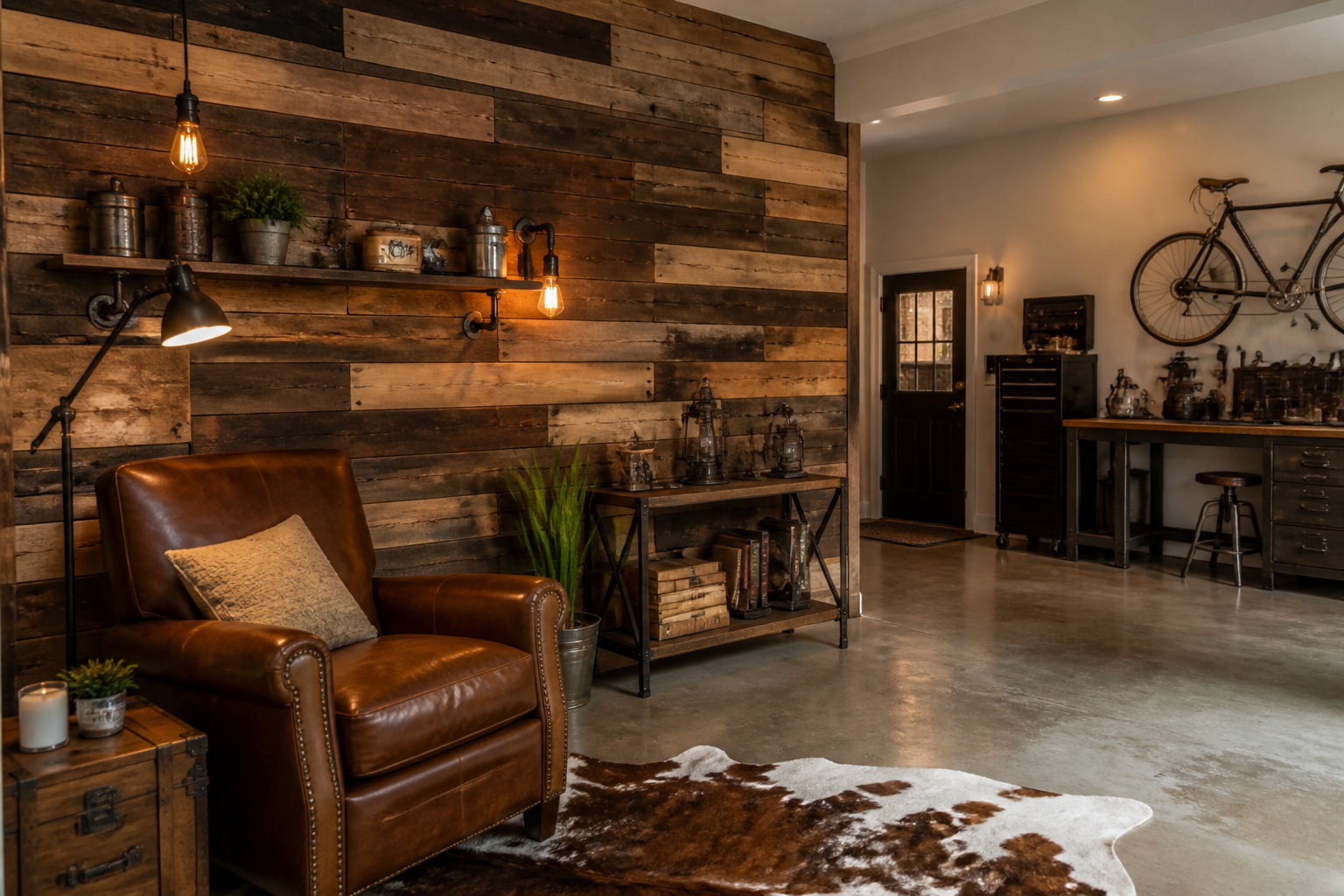 Rustic garage accent wall with mixed-width reclaimed wood planks in varied natural tones