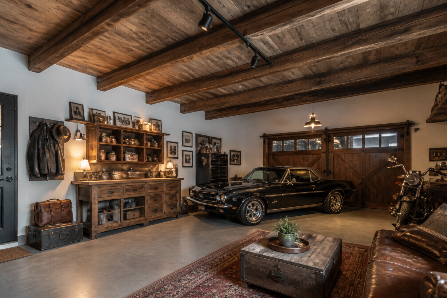 Rustic garage ceiling with reclaimed wood tongue-and-groove planking between exposed wooden beams
