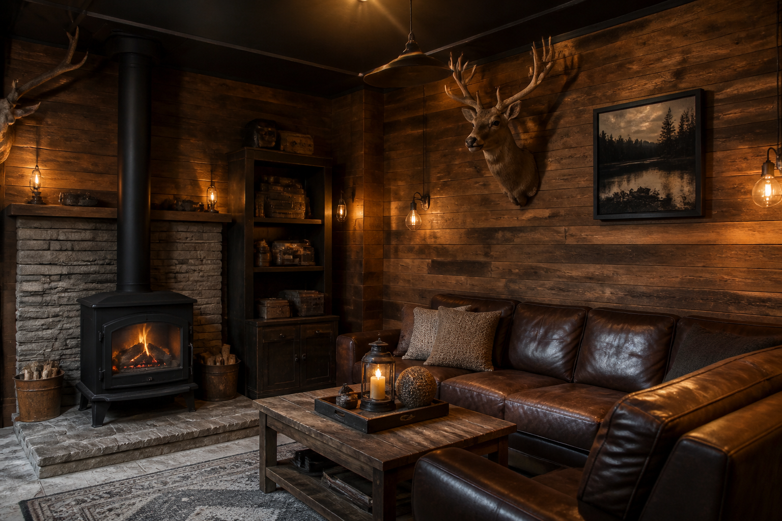 Dark stained reclaimed wood garage walls with wood burning stove and rustic cabin decor