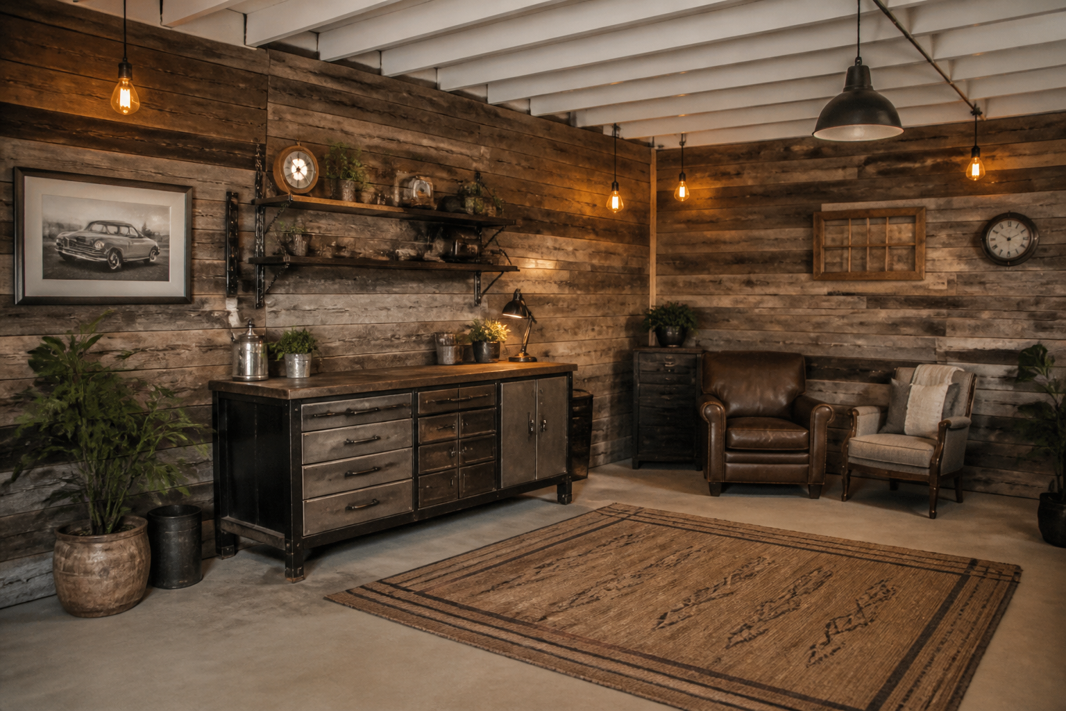 Rustic garage with horizontal reclaimed barn wood wall paneling and exposed white ceiling beams