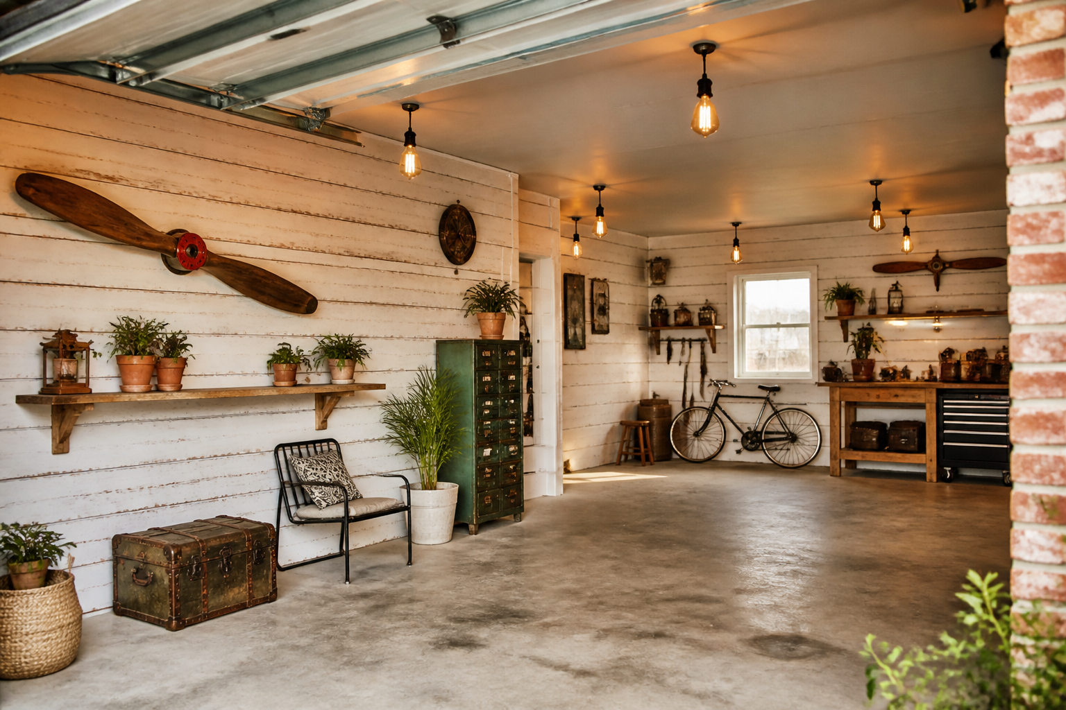 White-painted reclaimed wood shiplap walls in bright rustic garage with farmhouse decor