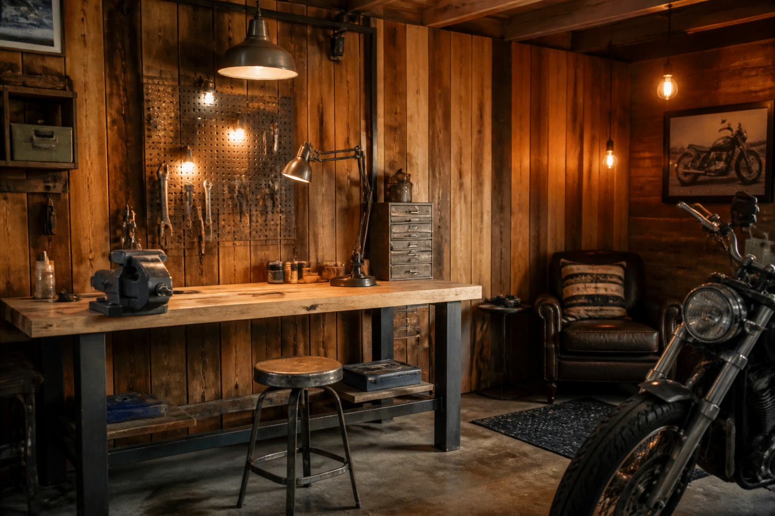 Garage workshop featuring vertical reclaimed wood wall slats with integrated pegboard tool storage