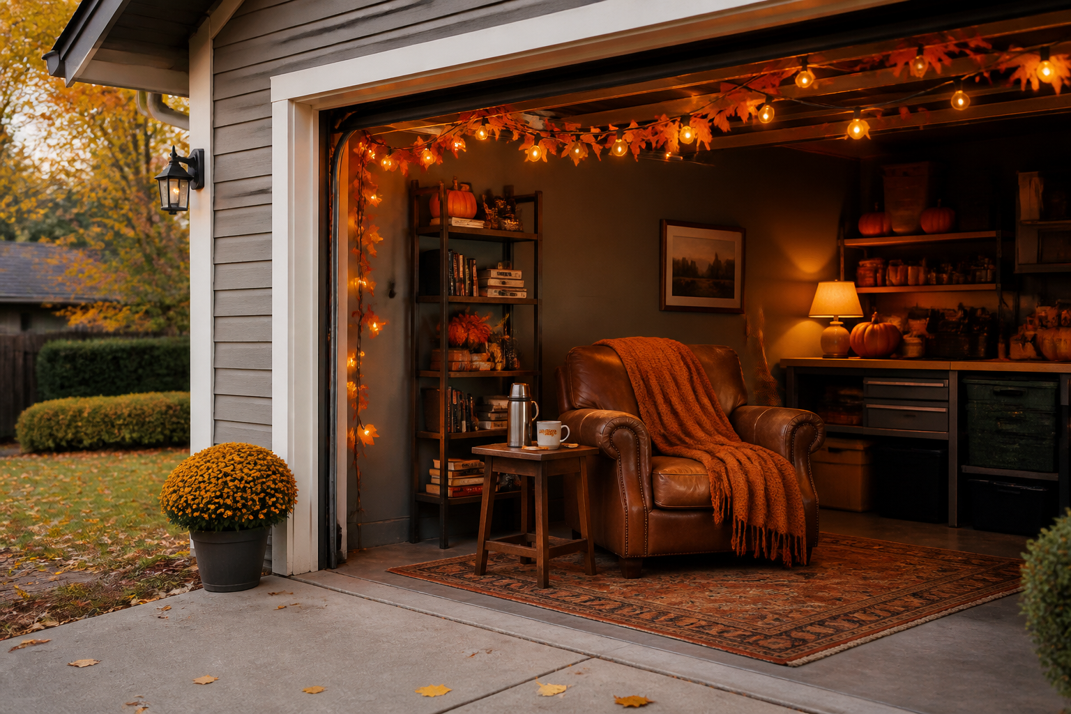 Cozy fall garage reading nook with armchair, throw blanket, string lights, and autumn decor