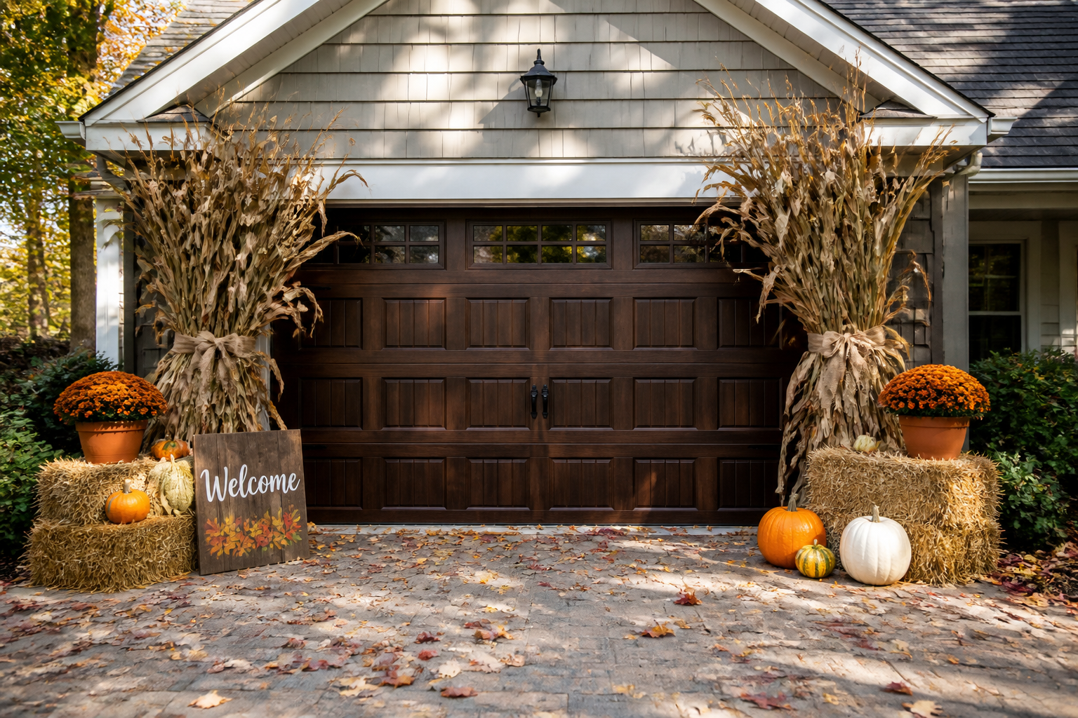 Garage entrance decorated with corn stalks, hay bales, mums, and fall harvest decor