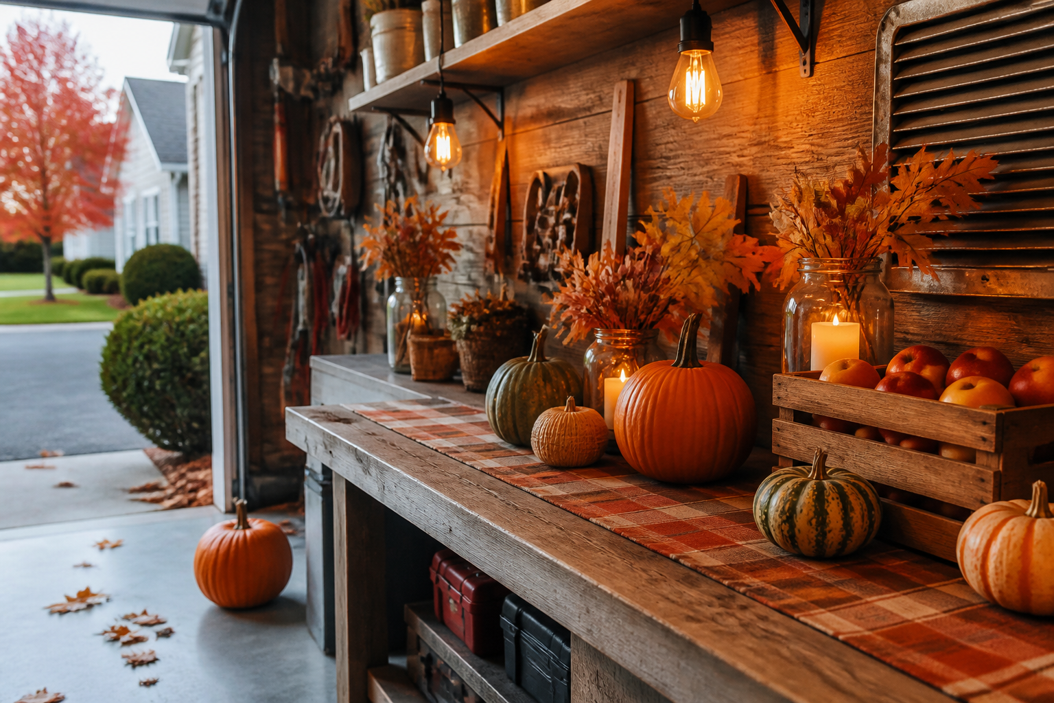 Fall garage workbench decorated with pumpkins, plaid runner, mason jars, and warm lighting