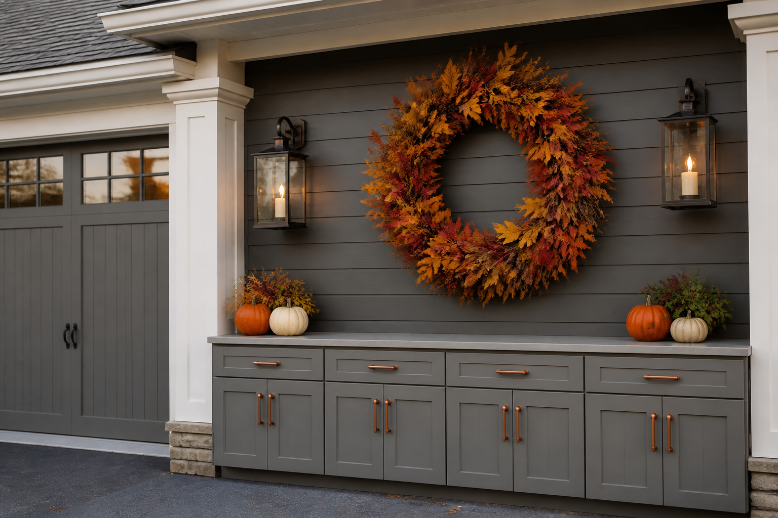 Elegant fall garage wall with leaf wreath, lanterns, and gray cabinets with copper accents