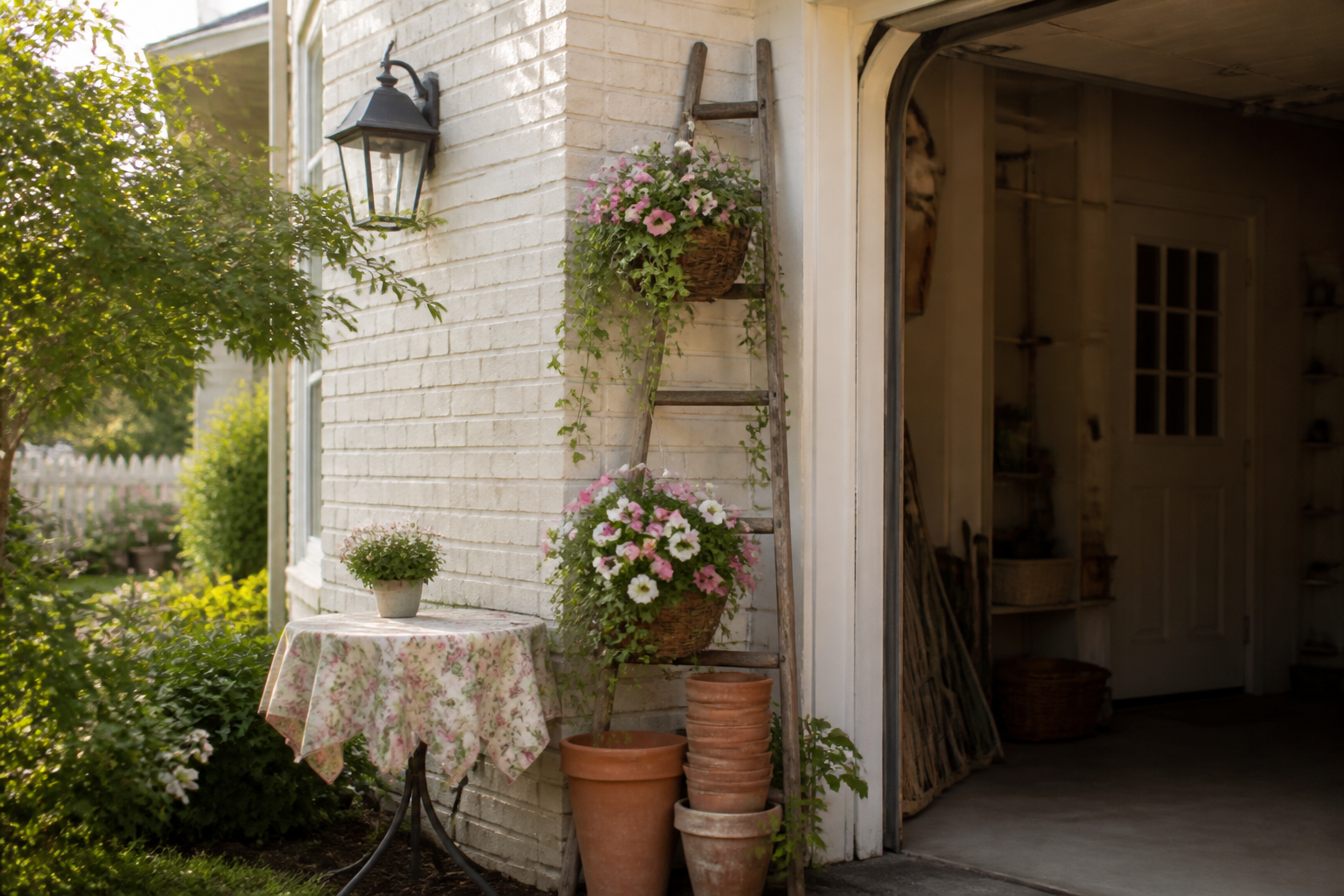 Vintage ladder in garage decorated with hanging flower baskets and cottage garden spring decor