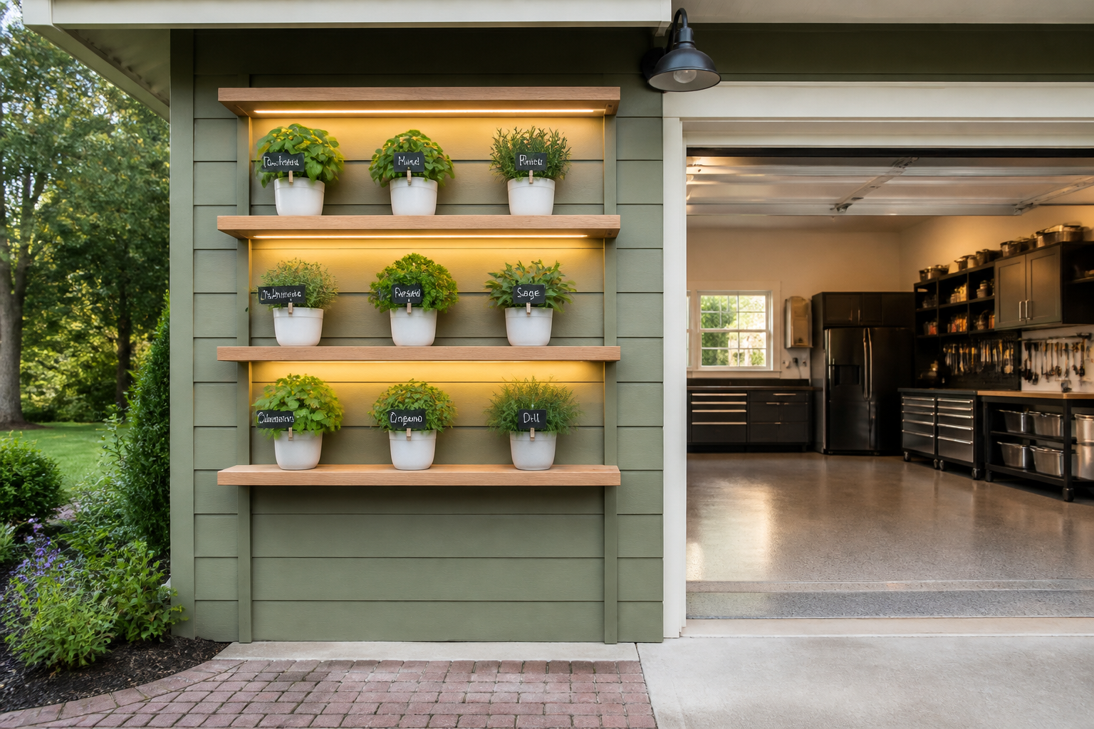 Modern farmhouse garage wall with sage green slats, herb planters, and chalkboard labels