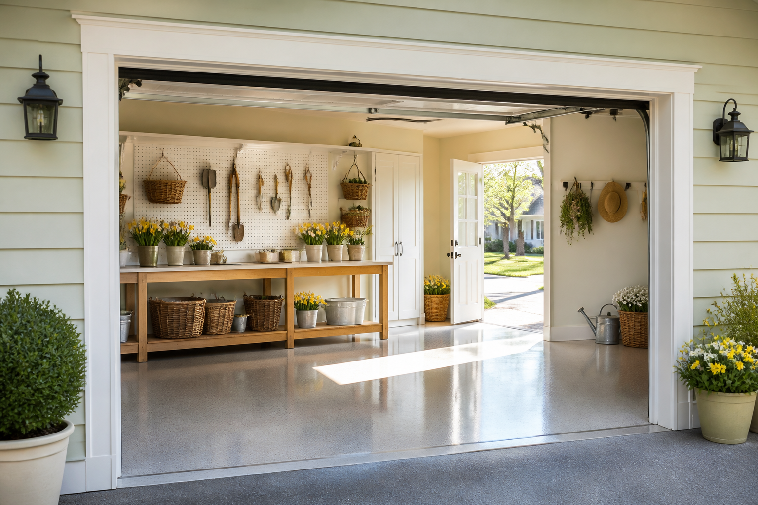 Spring garage decor with pastel colors, fresh flowers, and organized garden tools on pegboard