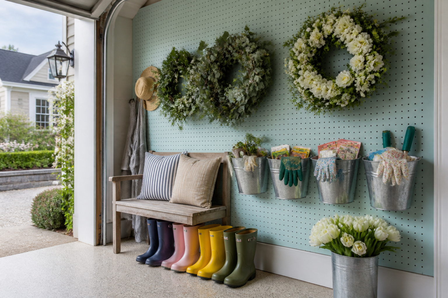 Robin's egg blue pegboard garage wall with spring wreaths, rain boots, and gardening supplies