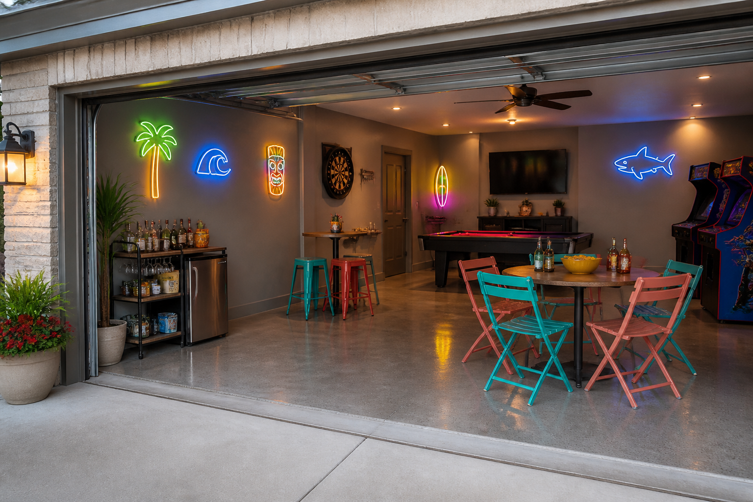 Modern summer garage game room with neon signs, dartboard, and bright colored furniture