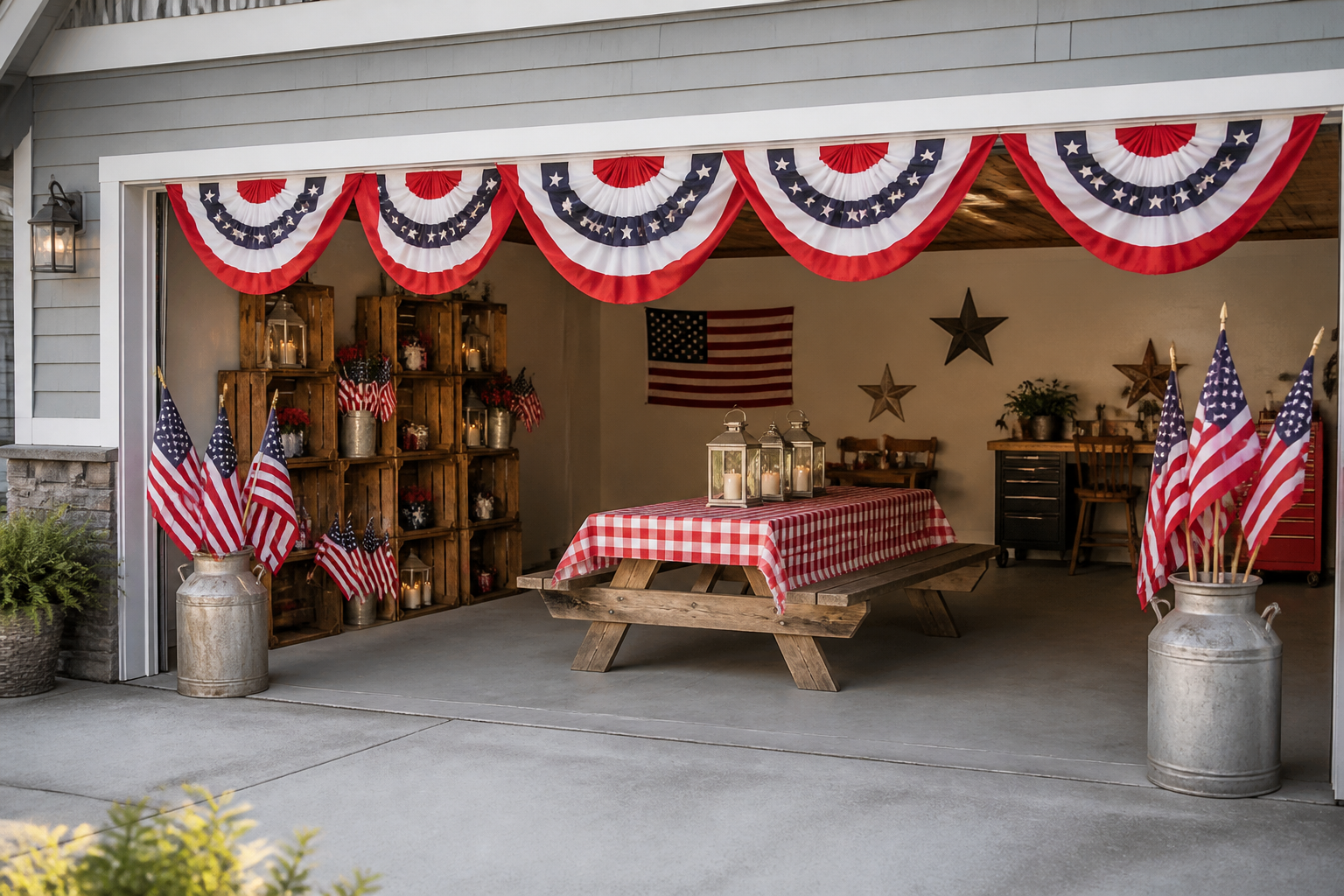 Patriotic summer garage decor with red white and blue bunting, flags, and picnic table