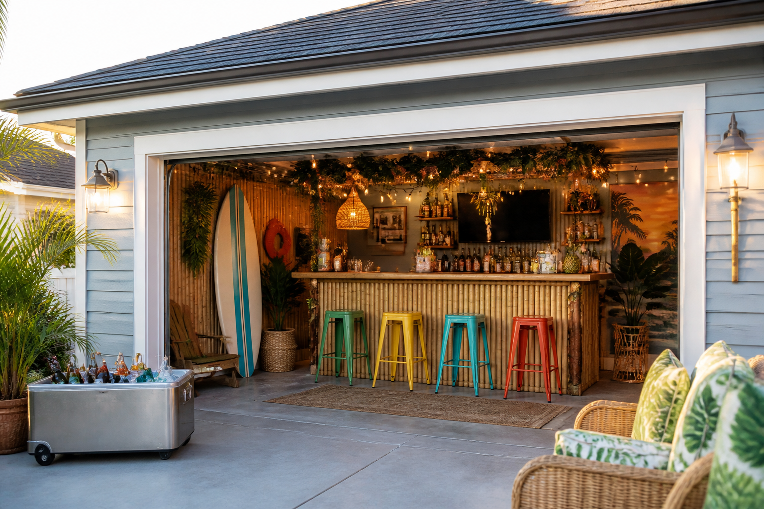 Summer garage tiki bar setup with string lights, bamboo details, surfboard, and tropical decor