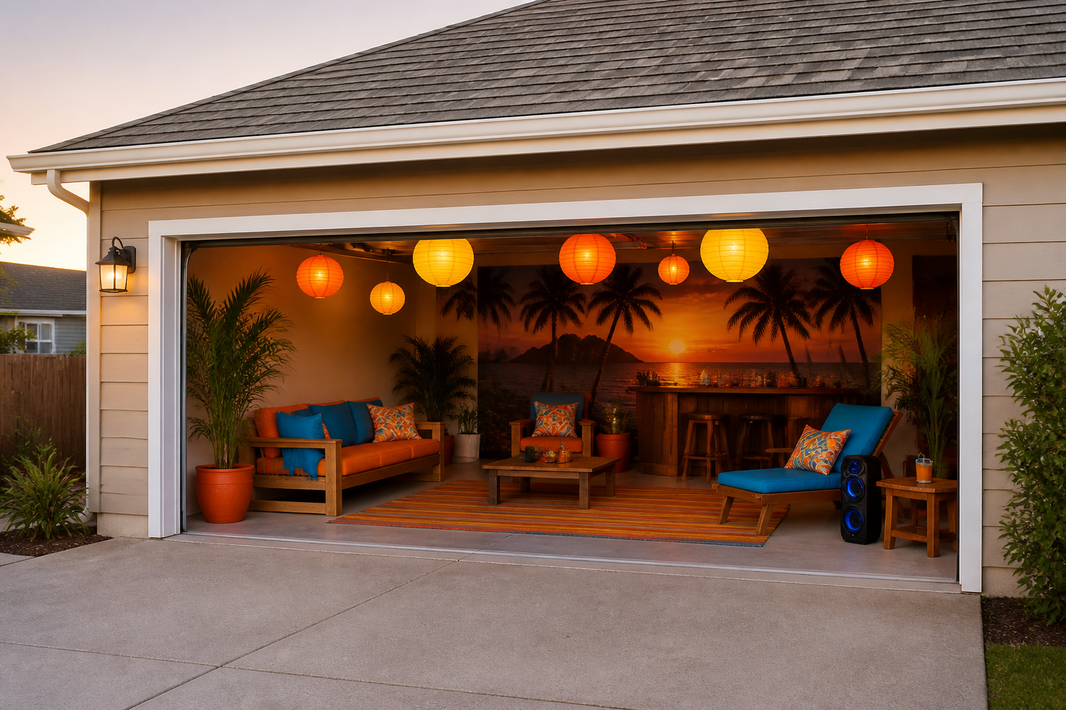 Tropical themed garage lounge with paper lanterns, palm plants, and bright outdoor furniture