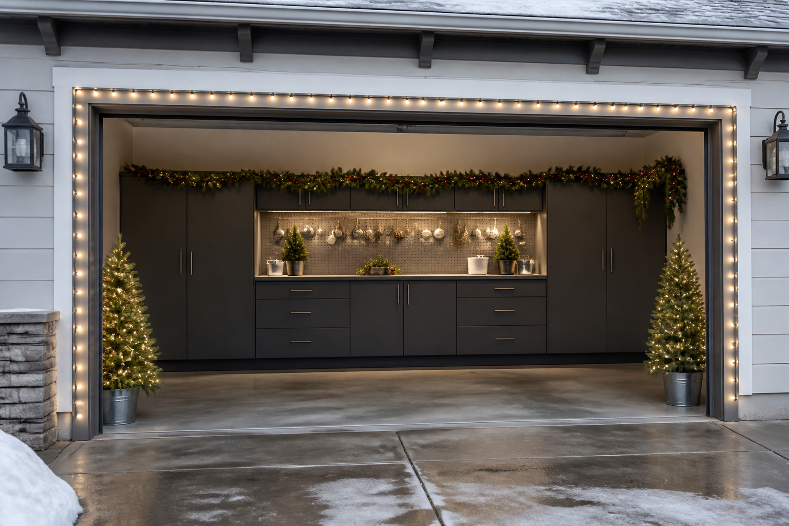 Christmas garage decor with white lights, evergreen garland, silver ornaments, and potted trees