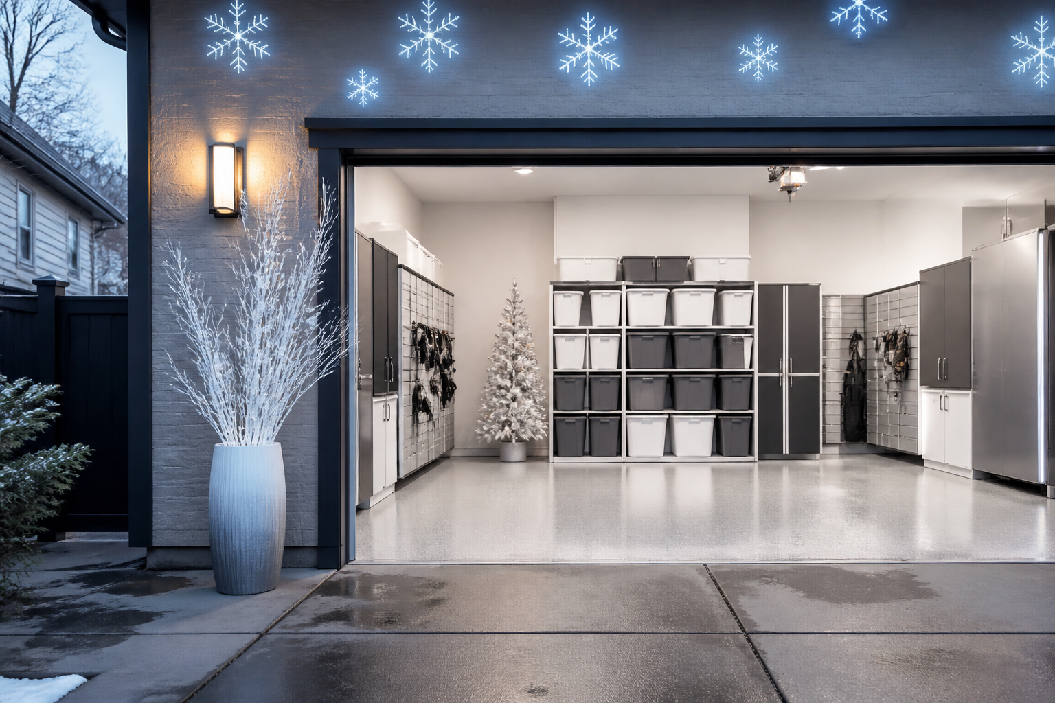 Minimalist winter garage with frosted branches, snowflake projections, and white storage bins