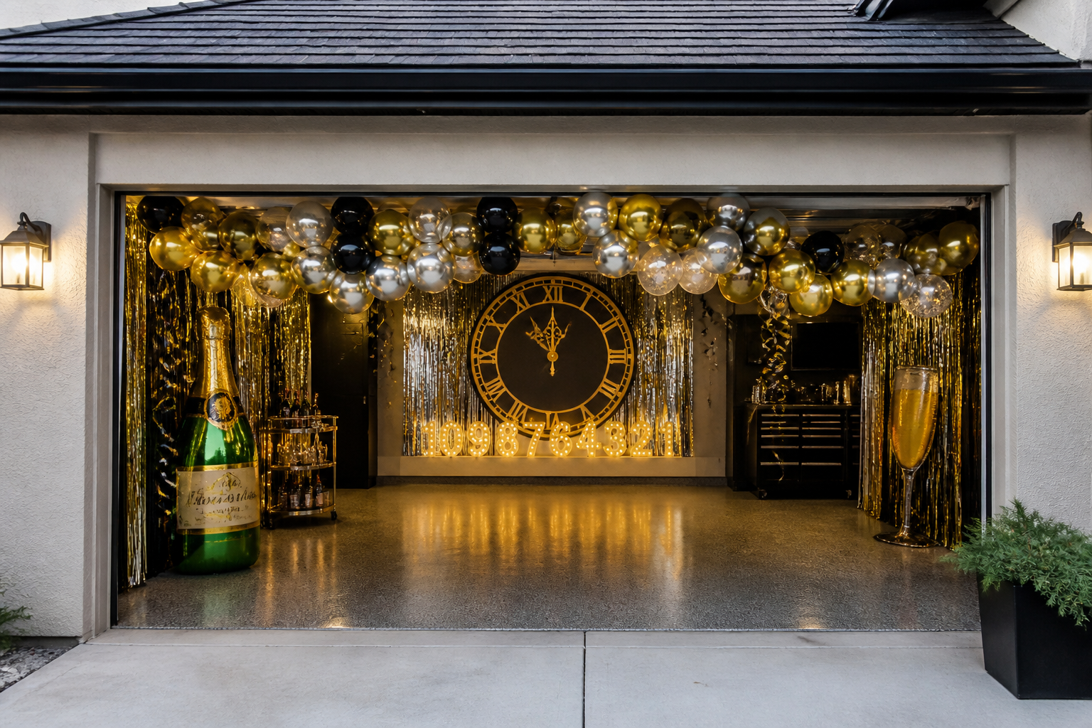 New Year garage party decor with gold and silver balloons, streamers, and celebration theme