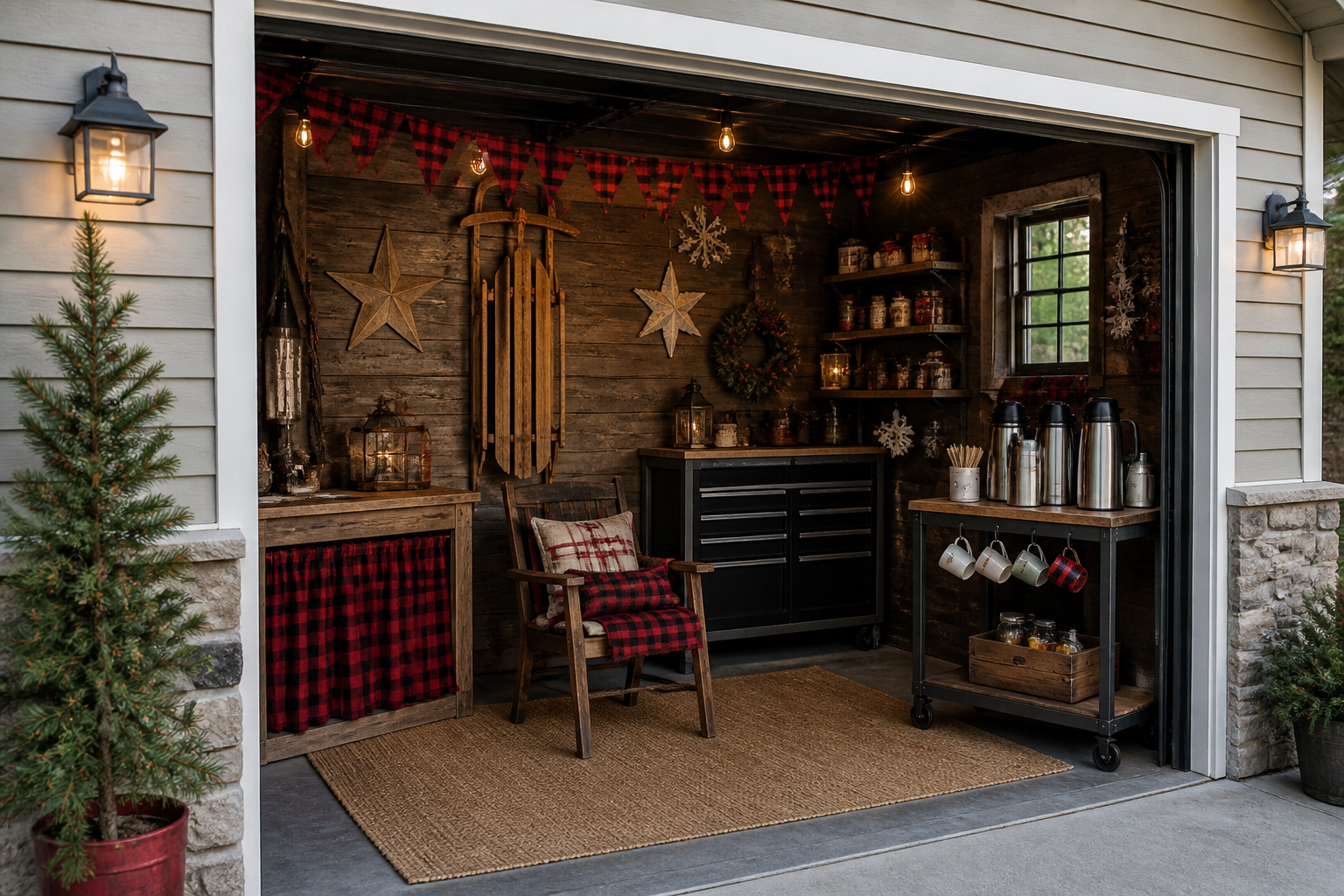 Rustic winter garage workshop with plaid bunting, vintage sled, and hot cocoa station
