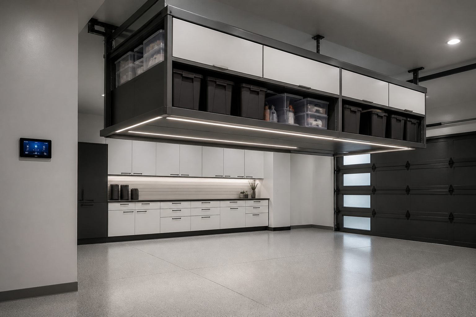 Motorized overhead garage cabinet system with touch controls and LED lighting