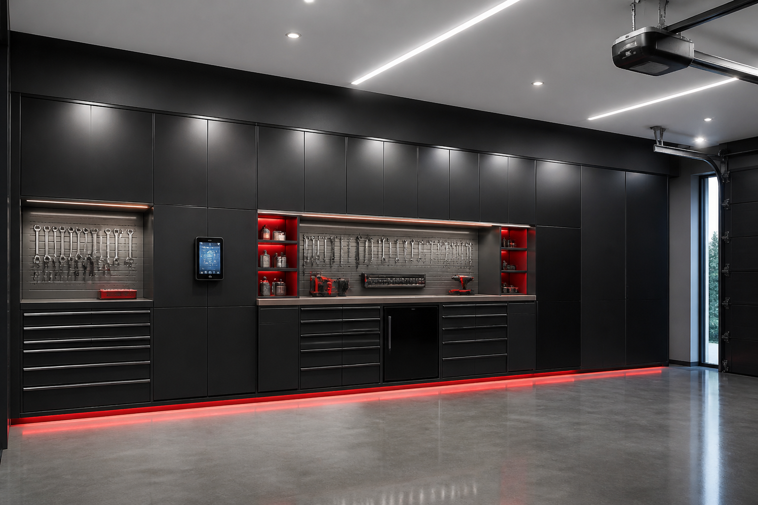Pneumatic lift-assist garage cabinets with inventory management tablet and accent lighting